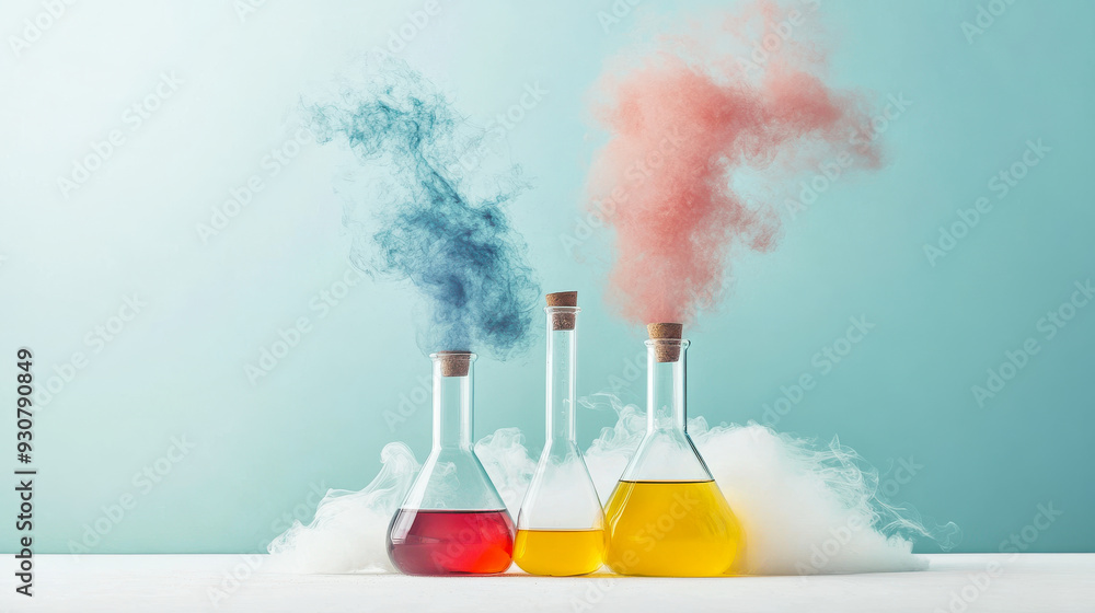 Wall mural Colorful flasks emitting vibrant smoke in a laboratory setting, showcasing a blend of science and creativity.