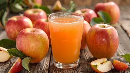 A glass of apple juice surrounded by fresh apples on a wooden surface.