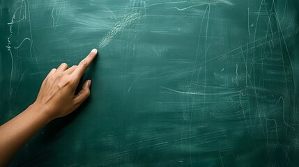 A hand pointing at a chalkboard with faint markings.