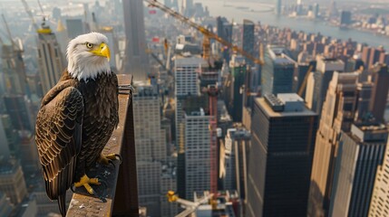 American bald eagle over cityscape