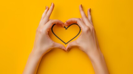 Two hands forming a heart shape against a yellow background.