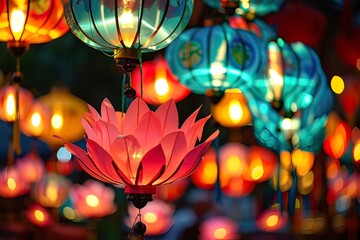 Colorful celebration of Vesak in a Buddhist community, featuring illuminated lanterns.