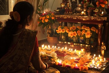 Hindu woman in traditional attire praying at home altar