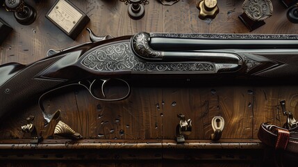 A beautifully engraved shotgun displayed on a wooden surface with various accessories.