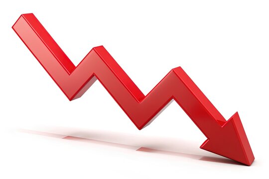 Vibrant red downward arrow symbol on a white background, indicating decline, decrease, or negative movement, often used in financial or performance tracking charts and graphs.