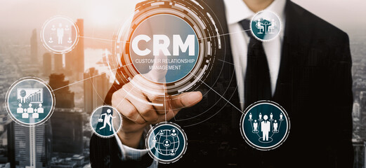 CRM Customer Relationship Management for business sales marketing system concept presented in futuristic graphic interface of service application to support CRM database analysis. uds