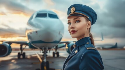 A flight attendant poses proudly next to an aircraft as the sun sets, showcasing her uniform and readiness for the journey ahead. Generative AI