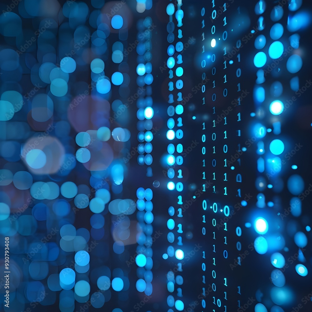 Poster a futuristic digital background with a pattern of glowing blue dots resembling data or digital rain.
