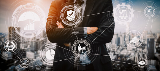 Risk Management and Assessment for Business Investment Concept. Modern graphic interface showing symbols of strategy in risky plan analysis to control unpredictable loss and build financial safety.