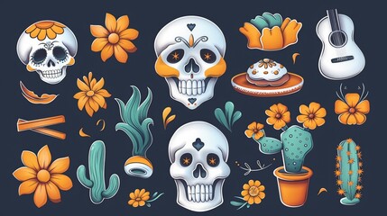 A collection of skulls and flowers with a guitar in the background