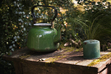 A green kettle and cup in the woods