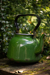 A green kettle in the middle of the woods