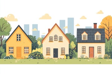 Colorful Suburban Homes with City Skyline in the Background