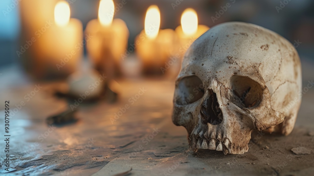 Poster a skull is on a table with candles in the background