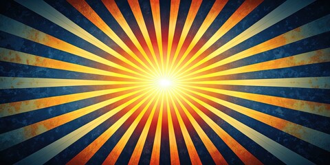 Obraz premium Vibrant sunburst graphic with radiant orange and yellow rays emanating from a central point, set against a dark blue background with subtle texture.