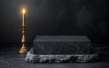 A dark marble block on a stone base beside a lit candle, creating a moody atmosphere.