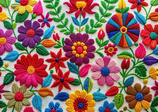 Vibrant threads weave together in an intricate, traditional Mexican embroidery design, featuring colorful flowers, leaves, and geometric patterns on a white fabric background.