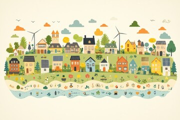 Obraz premium Colorful Illustration of a Sustainable Village with Windmills and Green Energy