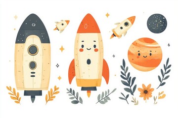 Cute Cartoon Spaceships, Planets and Stars Illustration