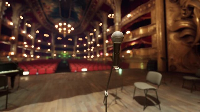 An empty stage set up with rows of chairs and a microphone at the center, awaiting a performance or presentation.