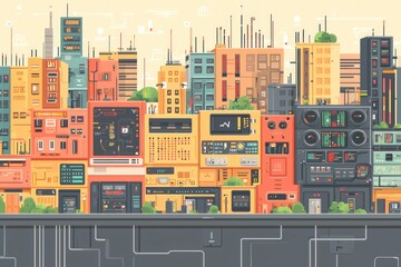 Obraz premium Futuristic Cityscape with Electronic Panels and Buildings