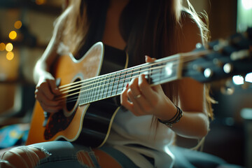 Obraz premium close up hand A young woman is playing the guitar. 