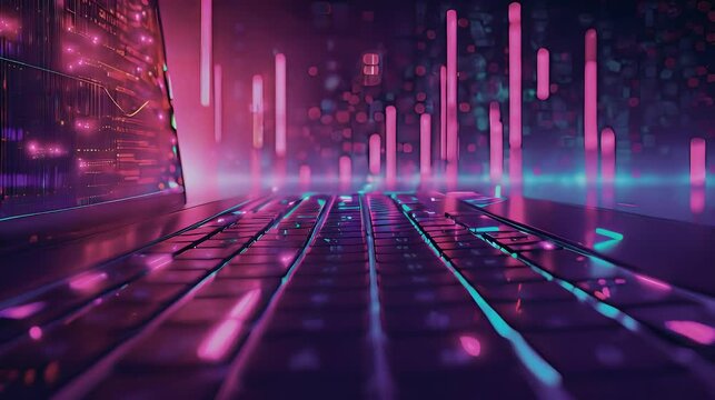 Close-up of a futuristic laptop keyboard glowing with neon pink and blue lights in a digital environment.