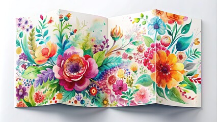 Vibrant watercolor illustration of a stylized brochure cover with abstract floral patterns, bright colors, and elegant typography on a soft, white background.