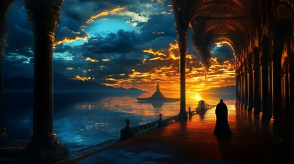 A serene sunset view from an ornate architectural space overlooking a calm sea.