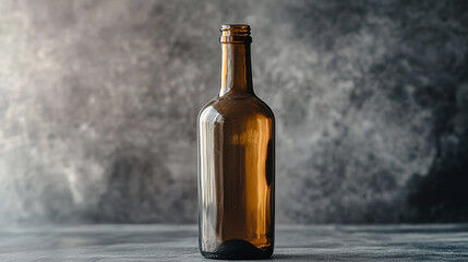 There is a brown glass empty bottle on the table