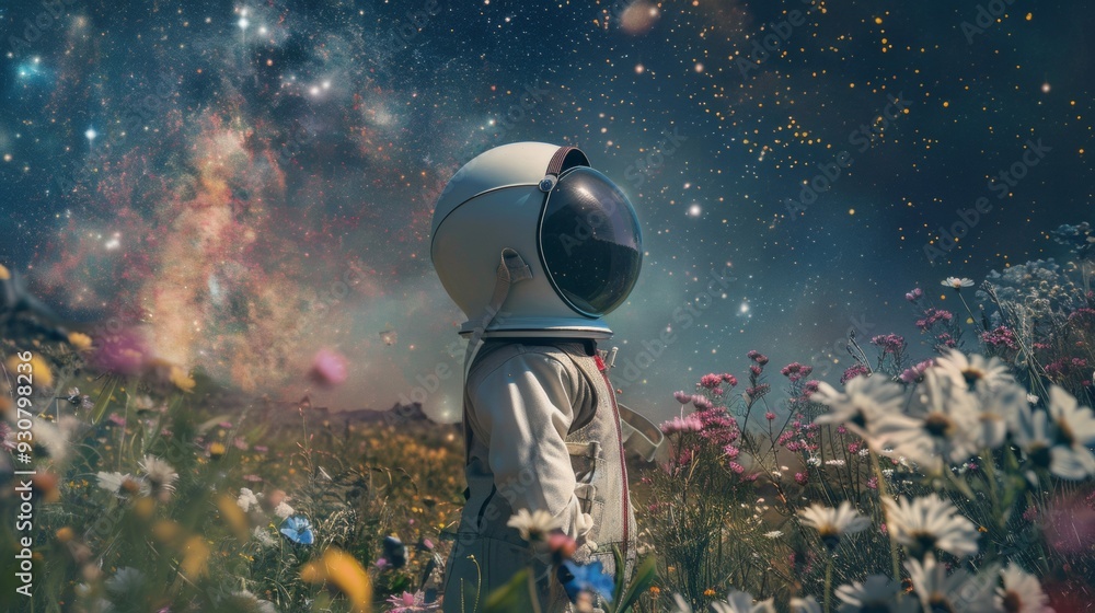 Wall mural boy with astronaut suit in a flower field looking at the starry night