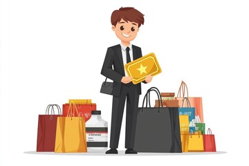Happy Shopper Holding a Gift Card and Shopping Bags