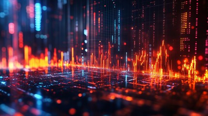 Naklejka premium A vibrant digital landscape with glowing data streams and visualizations.