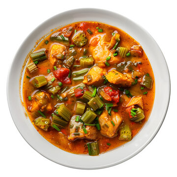 Tasty dish of classic angolan moamba de galinha with chicken, okra, and veggies in a tasty sauce