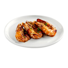 Grilled shrimp served on a white plate with garnish, isolated on a transparent background