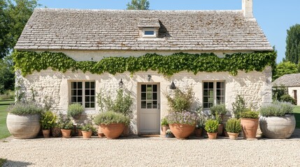 Charming ivy-covered stone house with wooden doors and windows, featuring vibrant potted plants and cobblestone pathway.