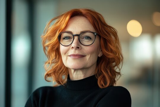 A confident middle-aged woman with red hair and glasses smiles warmly, embracing her age and beauty with elegance. - Powered by Adobe