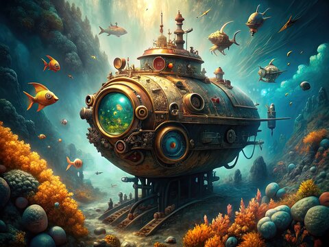 Vintage steam-powered submarine deep in the ocean, surrounded by marine life, with intricate gears and portholes, evoking a sense of adventure and exploration.