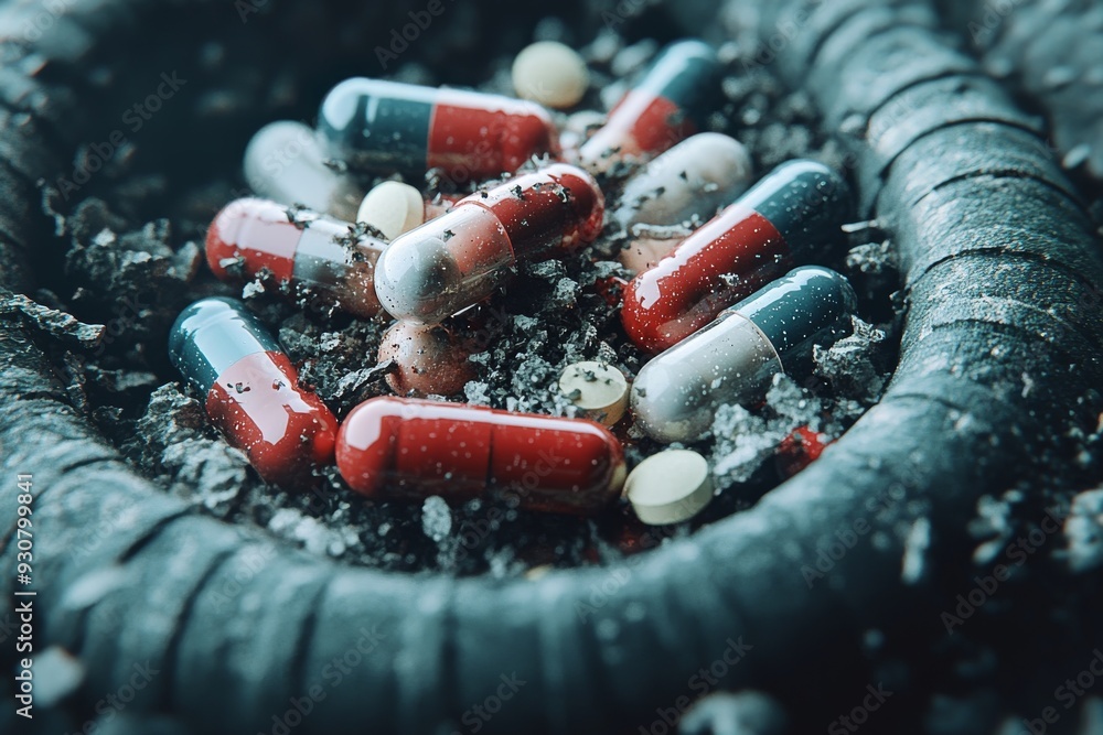 Poster pills tumbling in a circular motion symbolizing the continuous development and motion in pharmaceuti