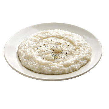 Funge, a staple angolan dish, served on a white plate, isolated on a transparent background