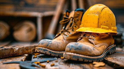 Dirty construction boots and helmet on workplace background