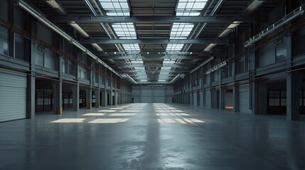 Obraz premium A spacious industrial warehouse with high ceilings and natural light.
