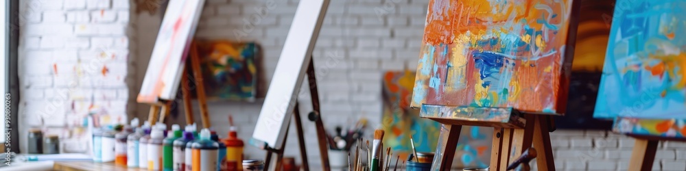 Poster easels with canvas and acrylic paints set up for an art workshop or painting class in a creative env