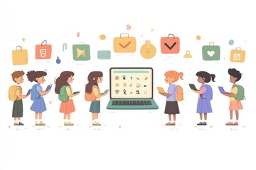 Fototapeta premium Children using laptops and tablets in classroom with icons around them