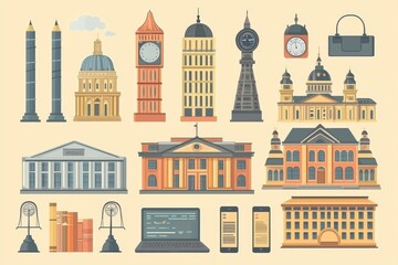 Fototapeta premium Set of Cartoon City Buildings and Landmarks in Flat Style