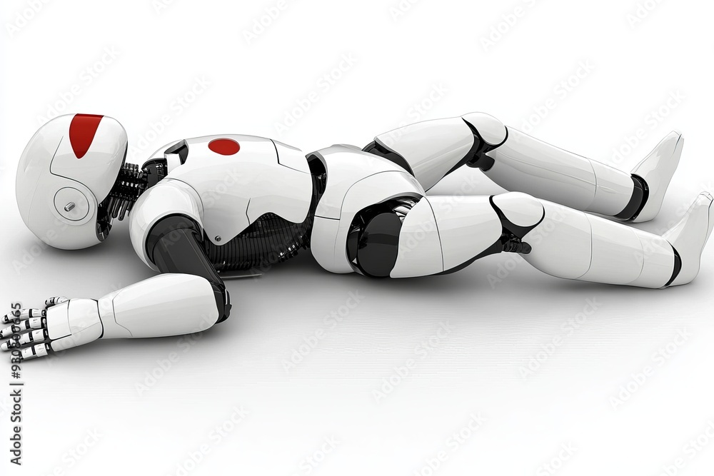 Poster robotic nurse lying on the floor after malfunction representing challenges in robotic healthcare imp