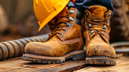 Construction boots and helmet on workplace background