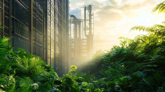 A high-tech carbon capture facility removing CO2 from the atmosphere surrounded by lush greenery showcasing how technology can mitigate the effects of climate change