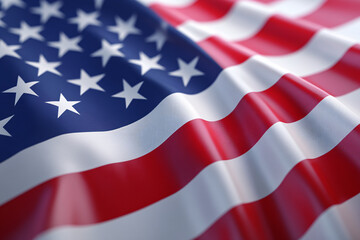 American flag in full detail with prominent stars and stripes waving gently in the wind against a soft background