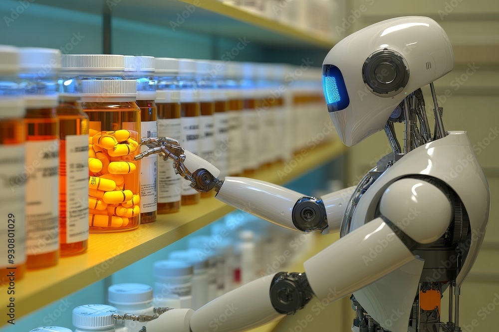 Poster robot interacting with medication in a pharmacy setting highlighting the role of automation in healt